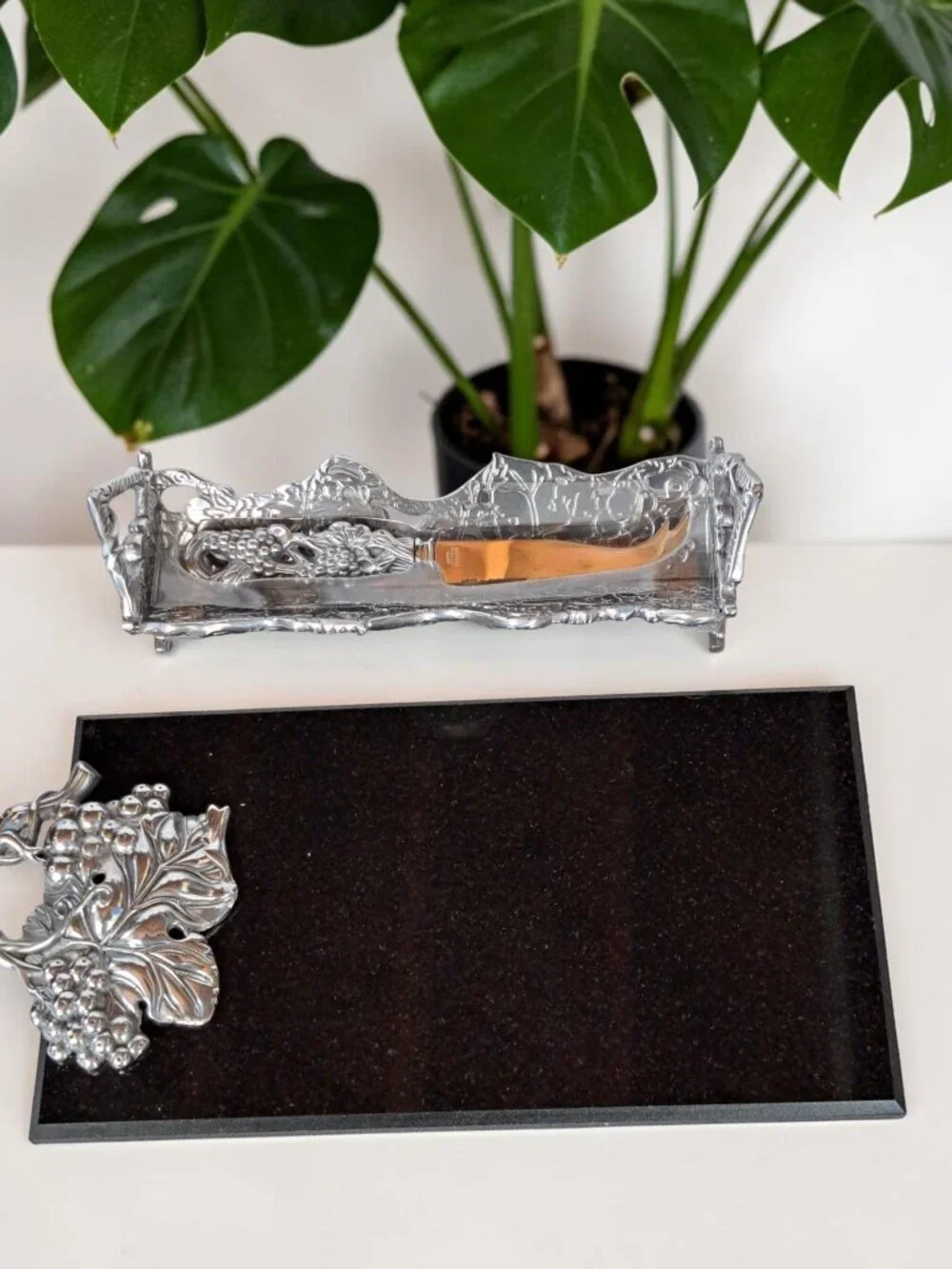 Arthur Court Cheese Cracker Pewter Grapes Black Marble 3 Piece Serving Set New